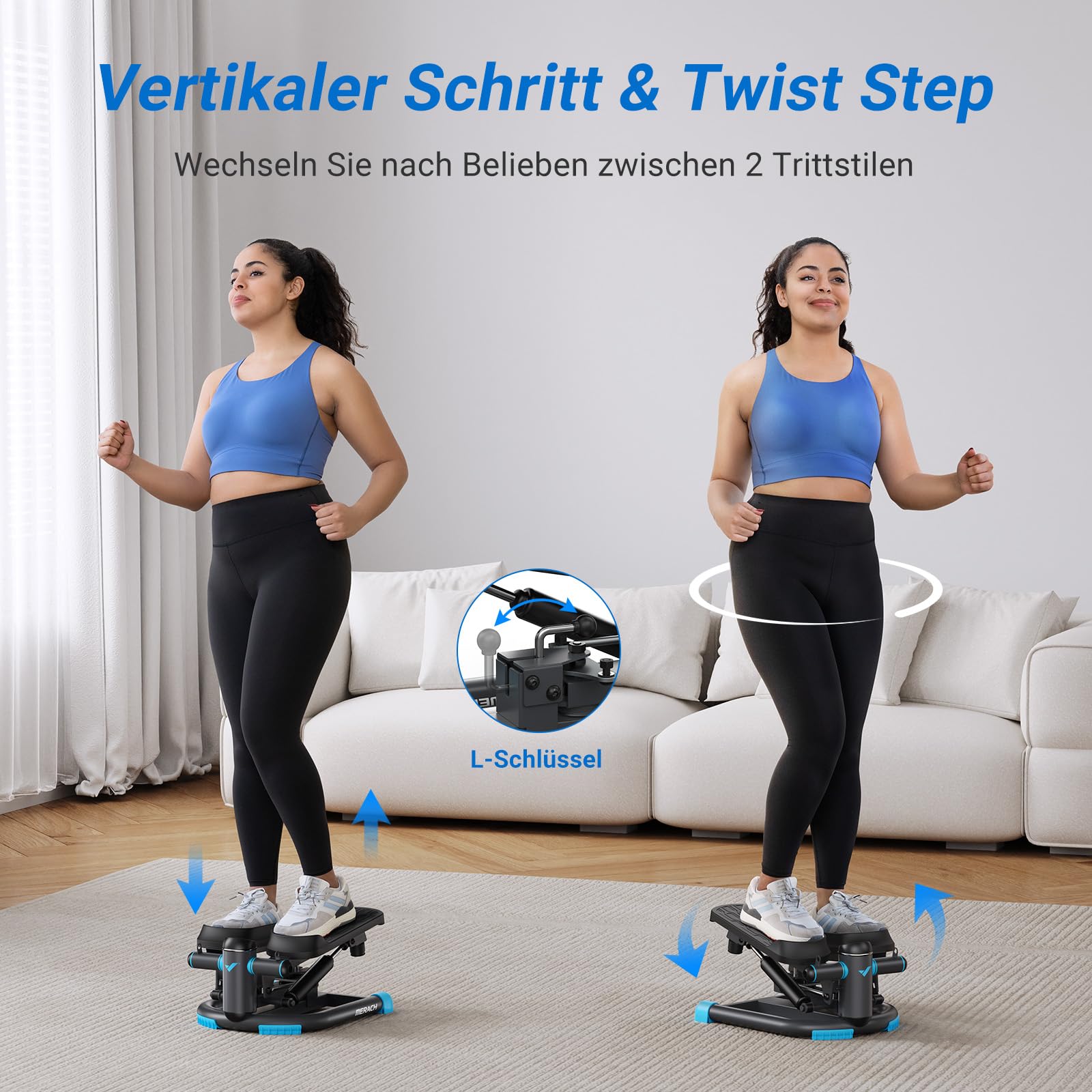 MERACH Mini Stepper Fitness 2 in 1 für zu Hause, leise Twister 150 kg mit LCD-Display und Widerstandsbändern, für Training von Beinen, Armen und Gesäß