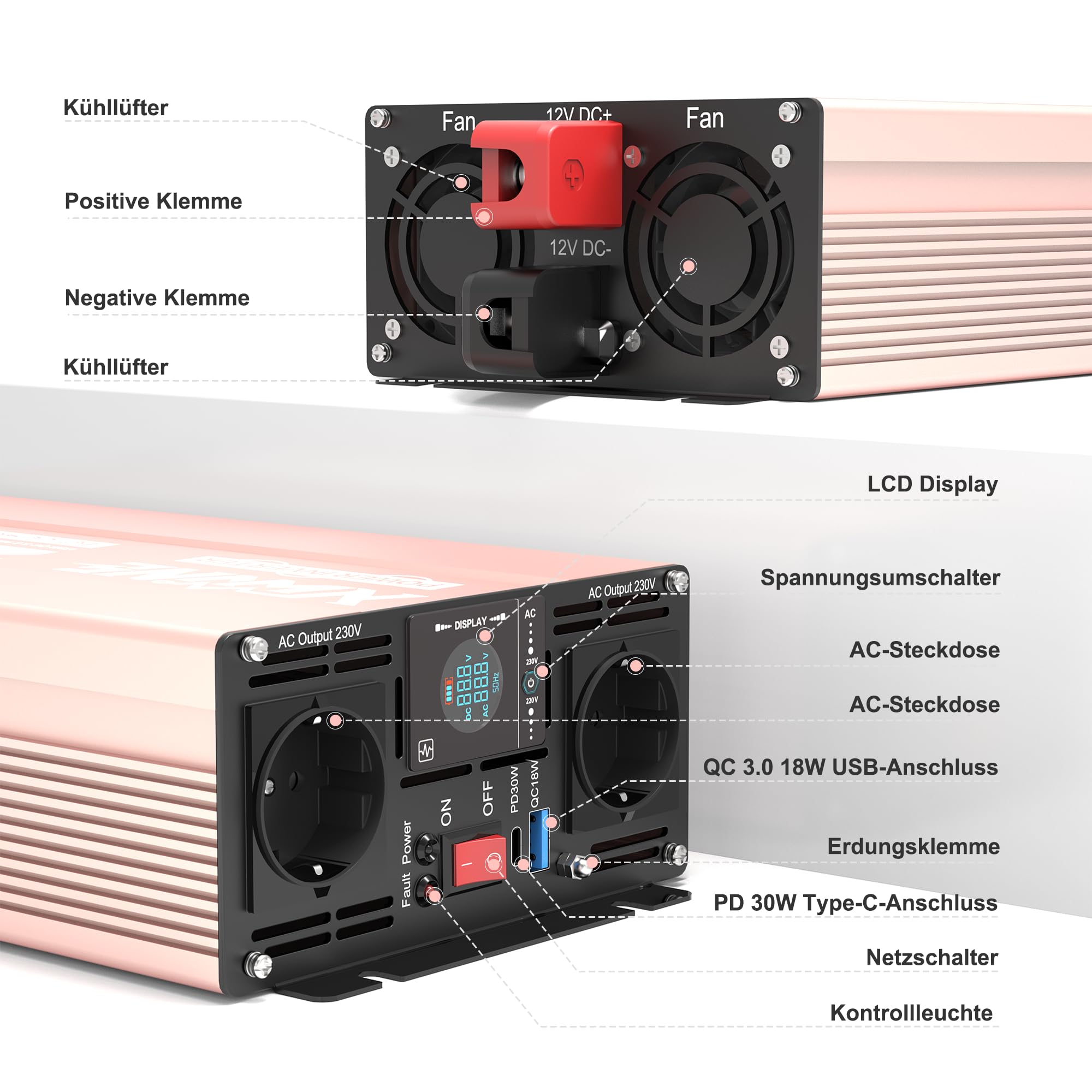 XWJNE Spannungswandler 12V auf 230V, 2000W Reiner Sinus Wechselrichter mit AC-Steckdose, USB-A & USB-C, LCD-Display, für Auto, Wohnmobil & LKW