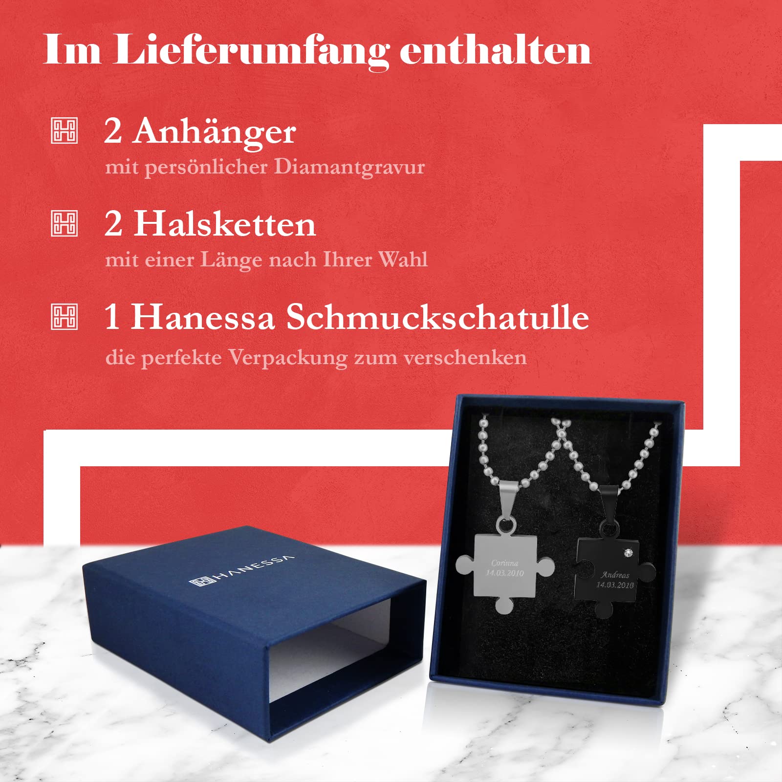 2 Stück Personalisierte Kette mit Gravur Edelstahl 60 cm mit Anhänger Herz Puzzle in silber schwarz - Personalisierte Geschenke für Damen Herren Freundin Freund - Partner Halskette Sie Ihn