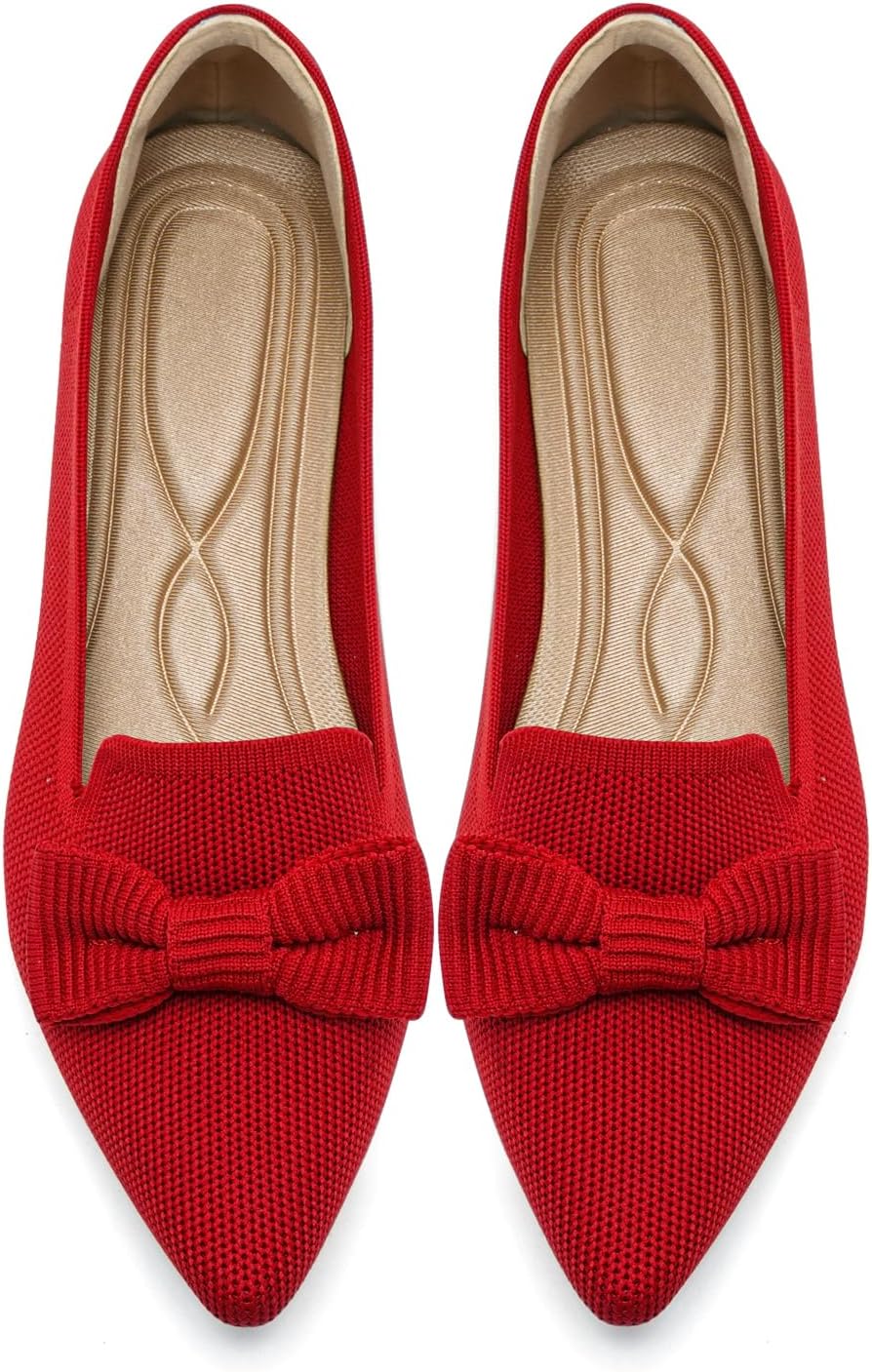 Flats for Women Mesh Ballet Flats with Bow Pointed Toe Dressy Comfortable Knit Breathable for Work Office