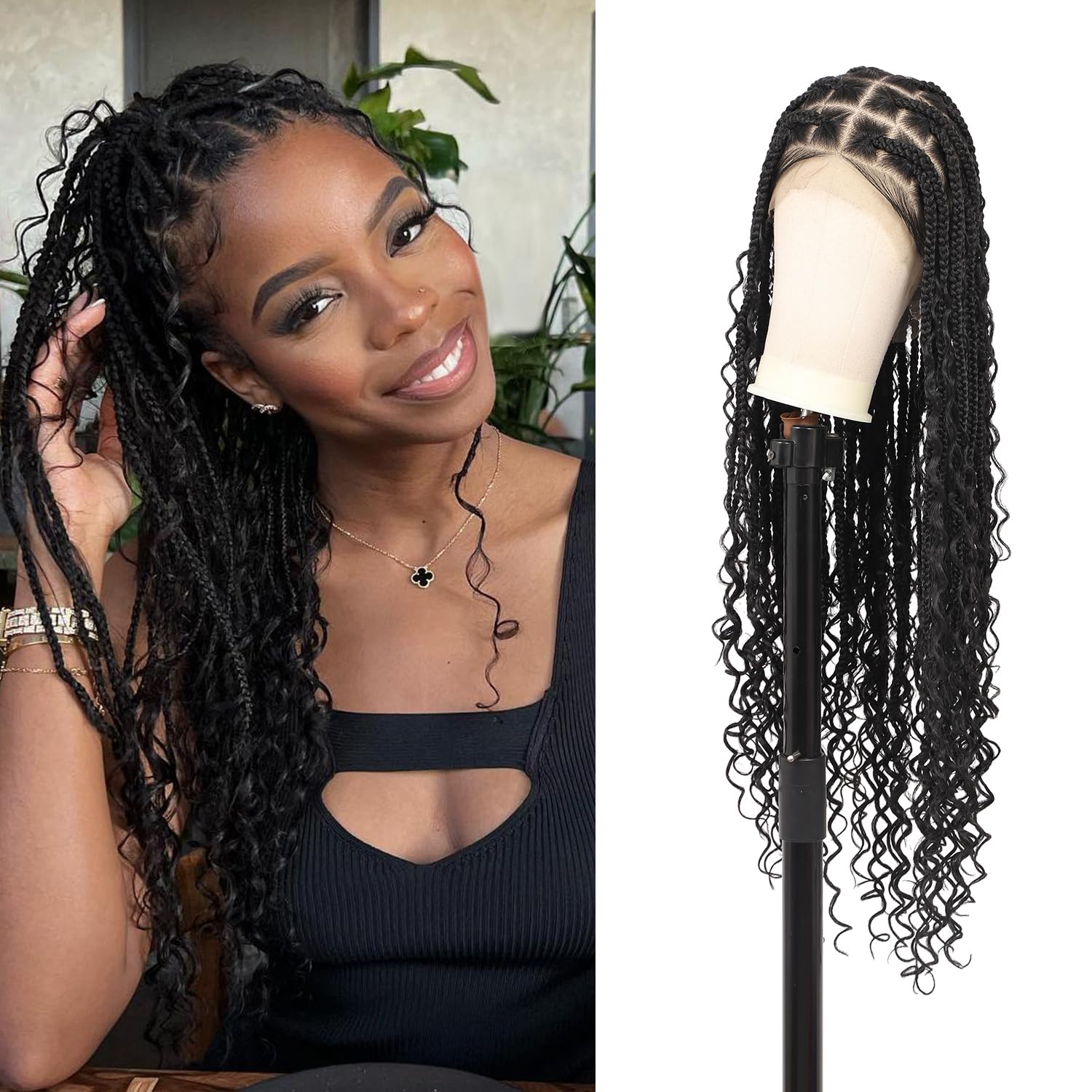 Olymei HD Full Lace Braided Wigs Boho Braids Wig Knotless Braided Wig for Women Box Braid Wig with Boho Curly End Bohemian Braided Lace Front Wigs with Baby Hair Human Hair Blended 36" Black