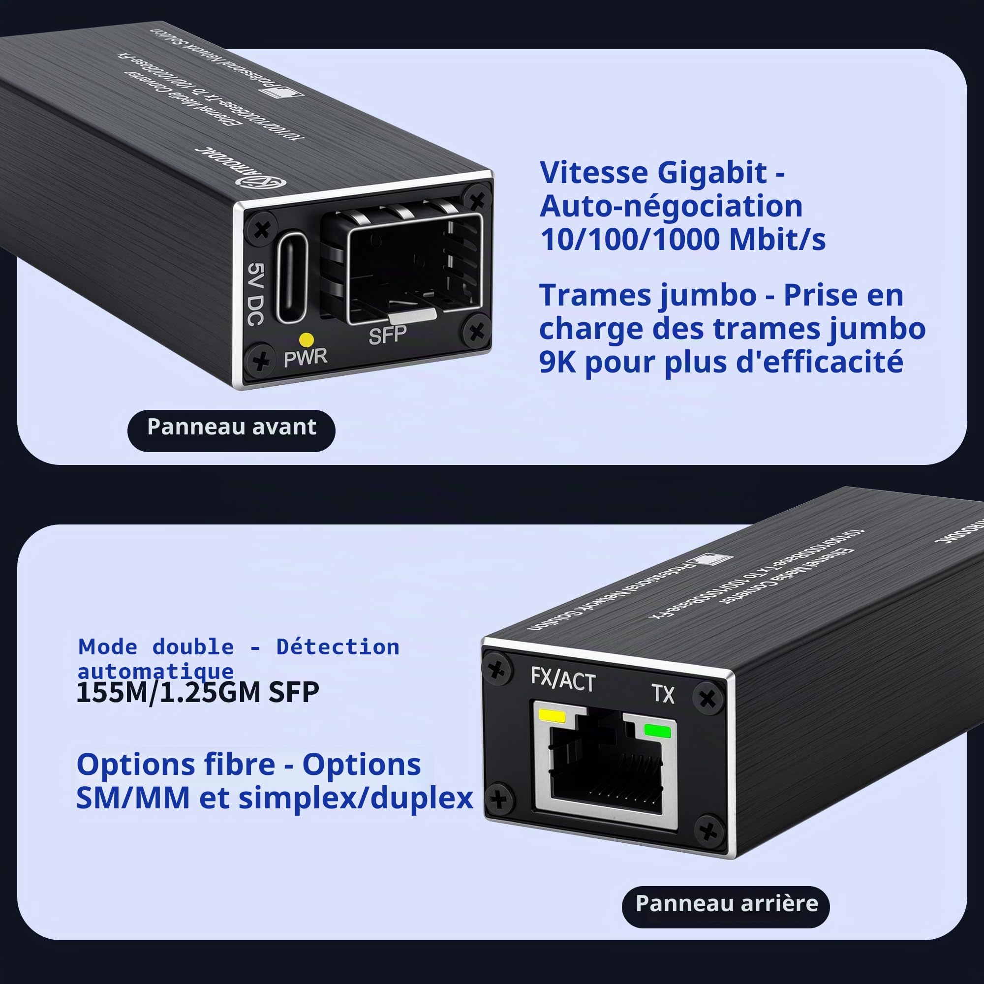 1 paire de convertisseurs médias Gigabit fibre optique Ethernet Fibre optique Bidi Single-Mode LC Module émetteur-récepteur à port unique 1310/1550 nm, 20 km, 1,25 G SFP Slot vers RJ45,