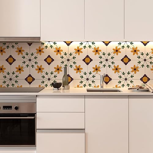 Miniatura 7 de Alwayspon Suelo de vinilo, diseño retro de flores naranjas autoadhesivas para azulejos de suelo de transferencia para baño, cocina, salpicaduras,