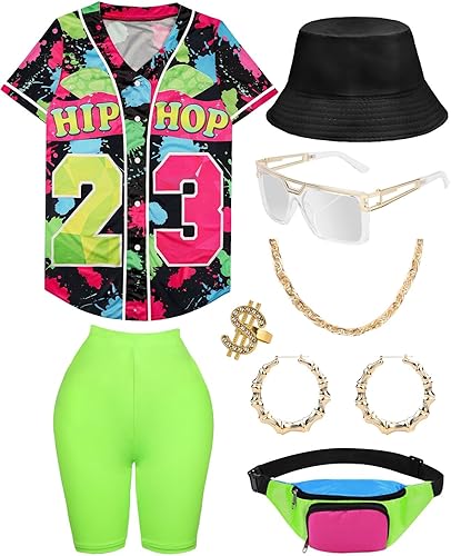 Traje de los años 80 y 90 para mujer, camiseta de béisbol, pantalones cortos, riñonera, disfraz de fiesta retro, accesorios de representante