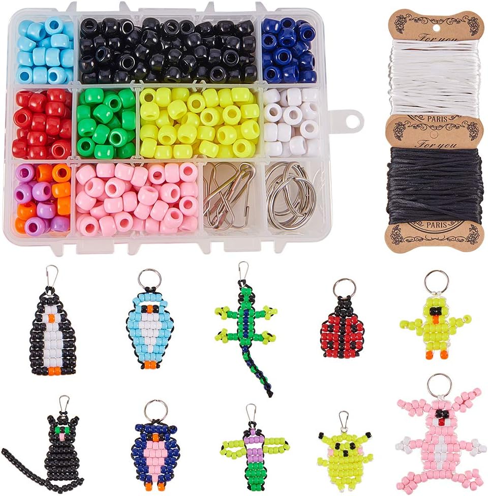 SUNNYCLUE 1 Box 600+Pcs 10 Sets Bead Pets Kit 8mm Large Pony Beads Animals Keychain Kit Video tutorials Gecko Lizard Spacers for Christmas Adult Women Gift Fun Supplies Paper Instruction