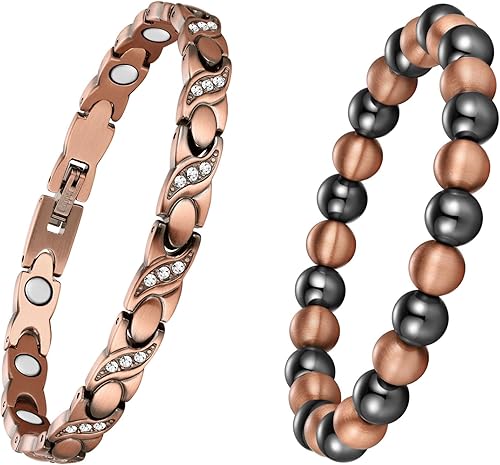 Feraco Pulsera magnética de cobre puro para mujer, 0.315 in, 99.99% de cobre sólido y 3500 cuentas de hematita magnética Gauss, pulsera elástica