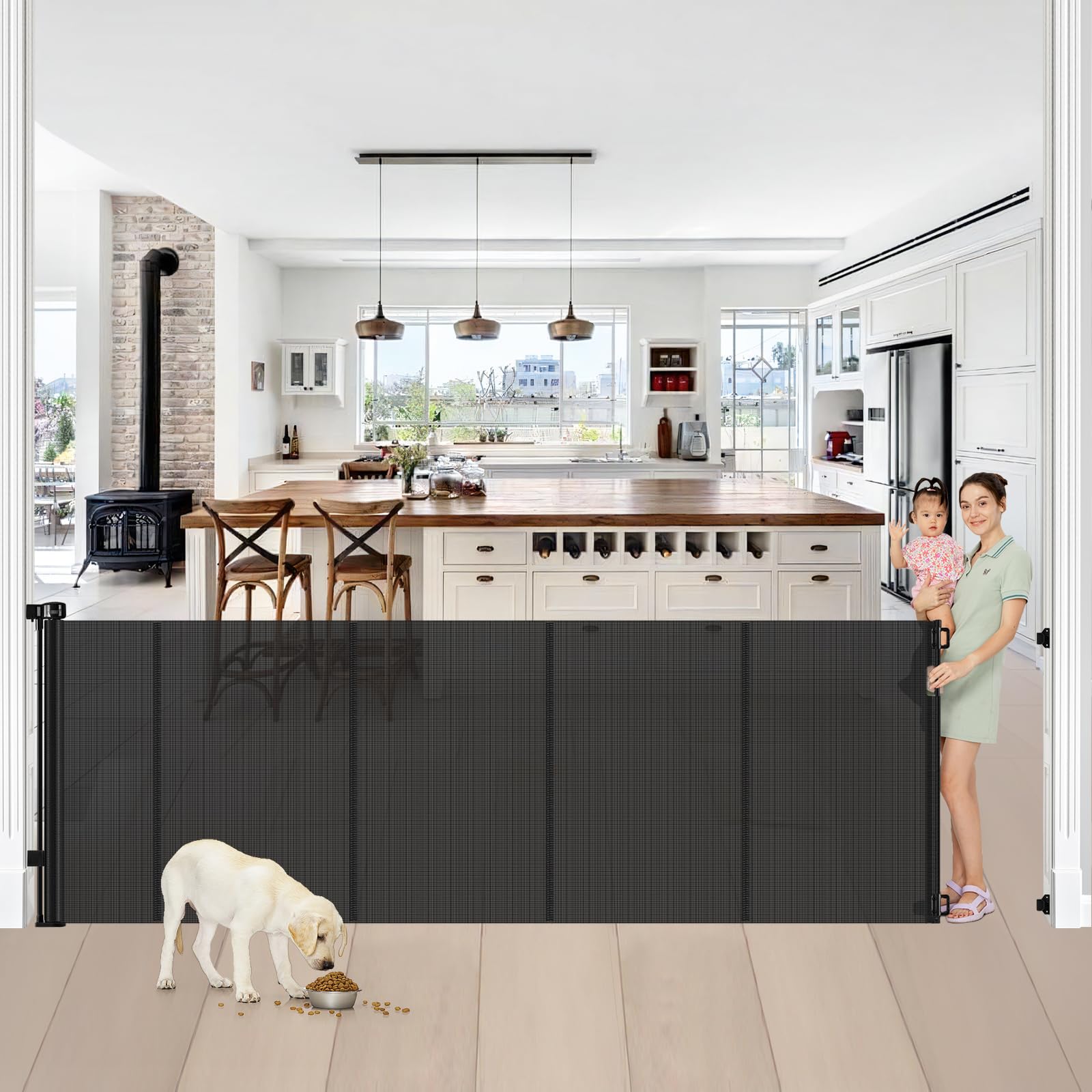 Enhanced 42” Extra Tall & 100” Extra Wide Retractable Baby Gates with Rods to Prevent Crawling Through, Extra Tall Dog Gate for Large Openings Long Gate Tall Pet Gate for Stairs and Doorways, Black