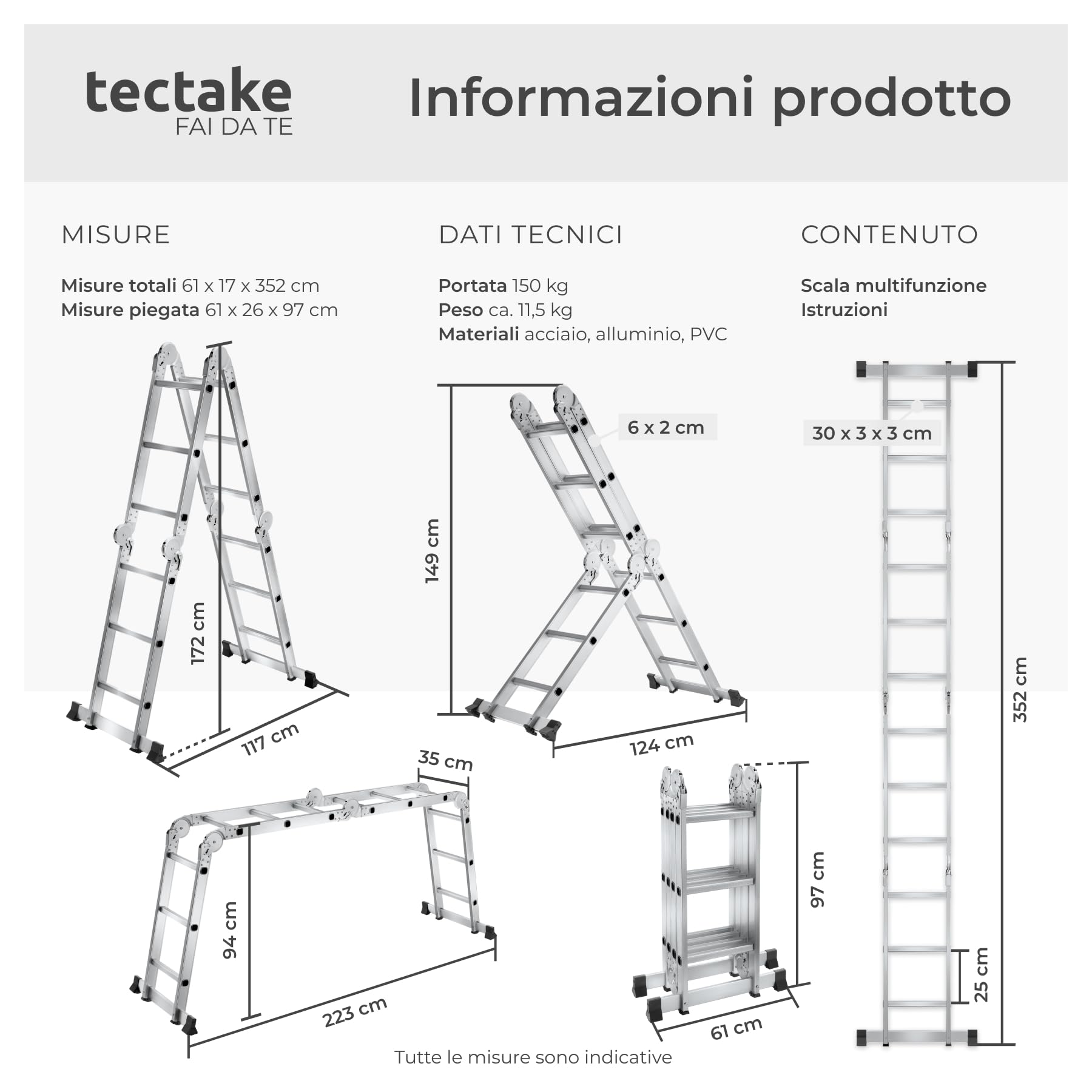 tectake® Scala Alluminio Multiuso 12 Gradini, 352 cm, 6 in 1, Antiscivolo, Scala Telescopica in Alluminio e Acciaio Pieghevole, a Pioli, a Gradini, Ponteggio di Lavoro, Mini Trabbattello, Max 150 KG