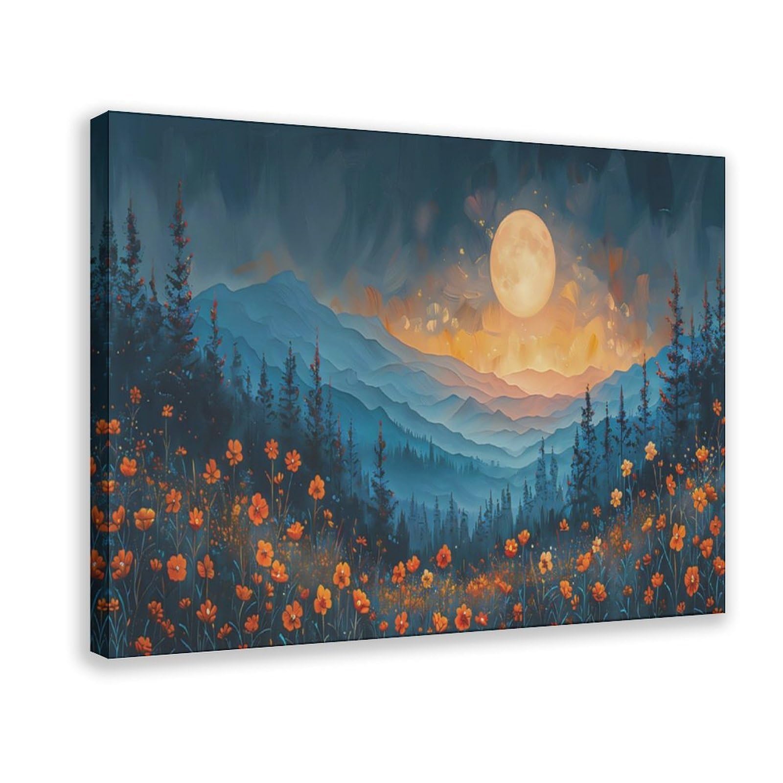 Bareronor Moonlit Wildflower Mountain Canvas Poster Bedroom Decor Landscape Office Room Decor Gift 24" L X 36" W