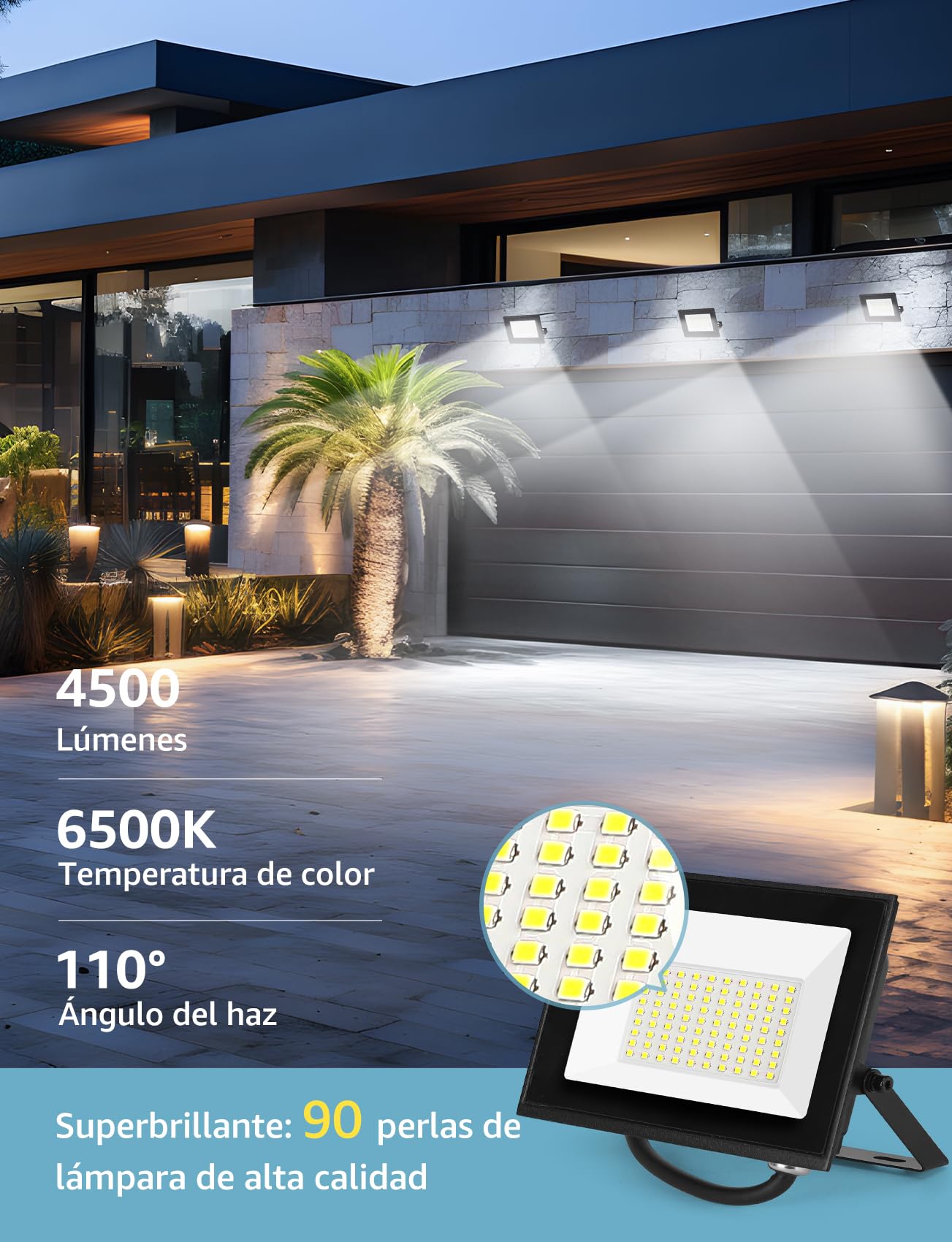 Aigostar Reflektory LED 50W 4500LM, wodoodporne, IP65, 6500K, zimna biel, do garażu, ogrodu, na patio i do parku, 2 pcs