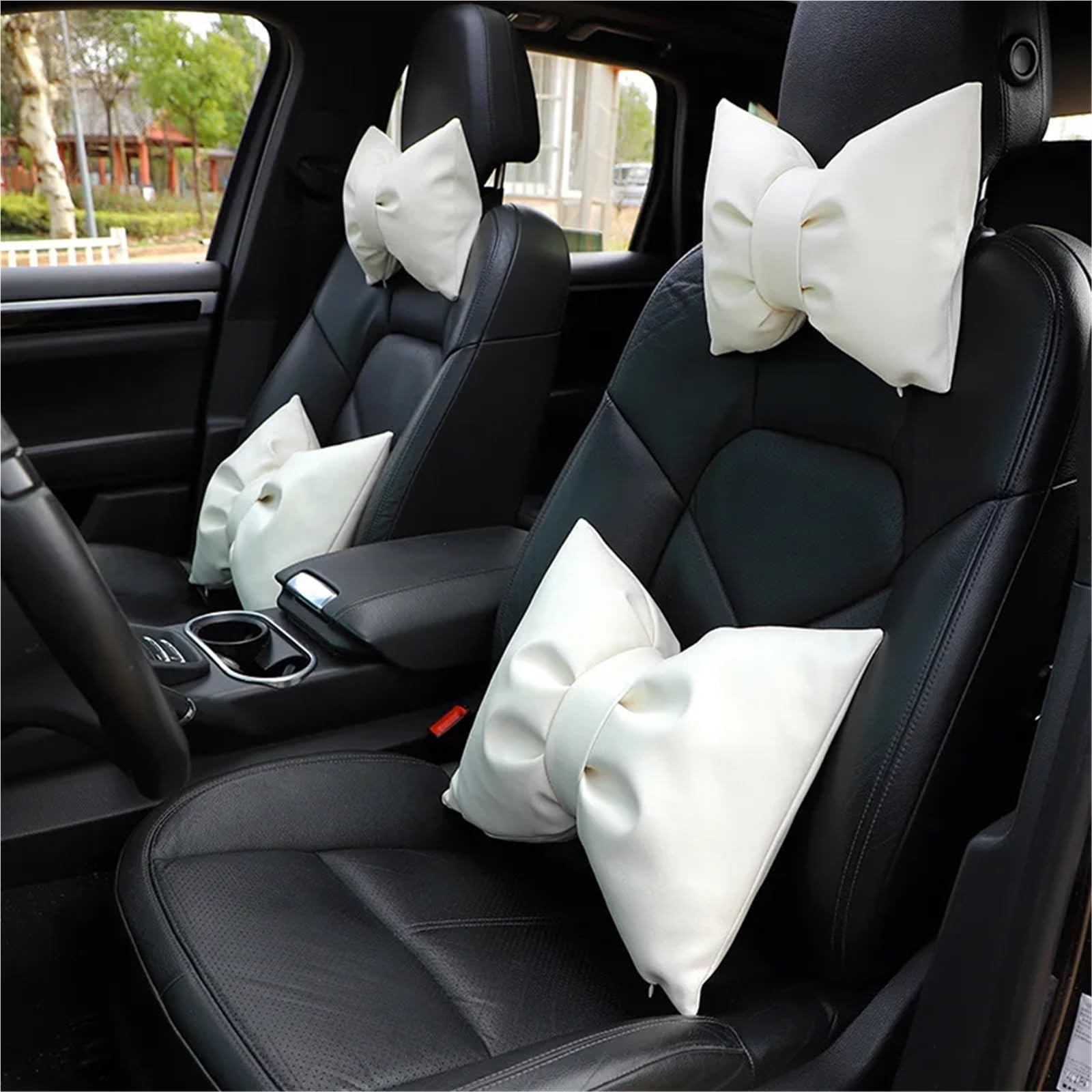 Car Pillow Driving Seat Cuscino poggiatesta in pelle per auto, cuscino per la vita, grazioso cuscino per lo schienale con fiocco, comodo cuscino per il collo(E)