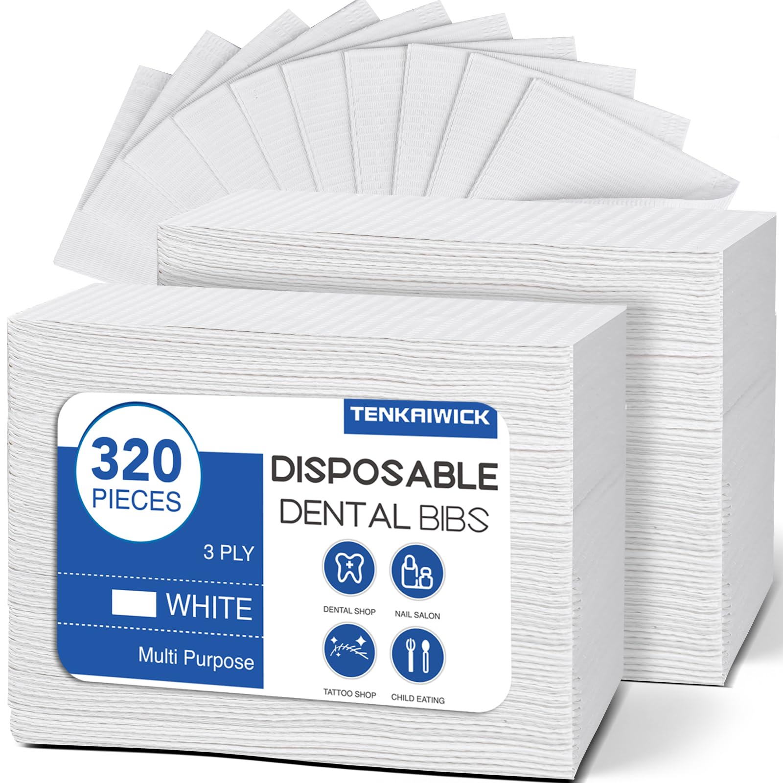 View 1 of 320 Pack Disposable Dental Bibs 13"x18", 3-Ply Waterproof Tattoo Bibs Sheet for Nail Salon, Dental Clinic, Feeding, Tattoo Shop (White)