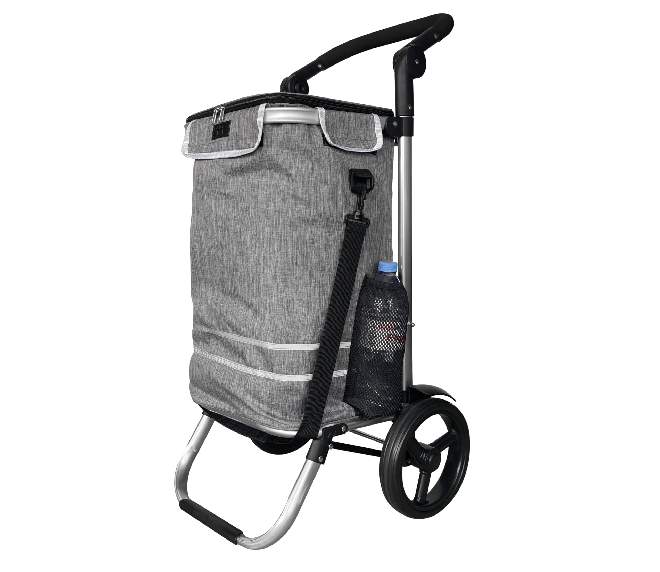 Faltbarer Aluminium Einkaufstrolley 57L (48L + 9L Kühlfach) Grau, 50kg Traglast, 35x45x98cm, Eva Leichtlaufräder Ø20,5cm, Klappbar, Als Sackkarre & Umhängetasche nutzbar, Einkaufswagen Haken