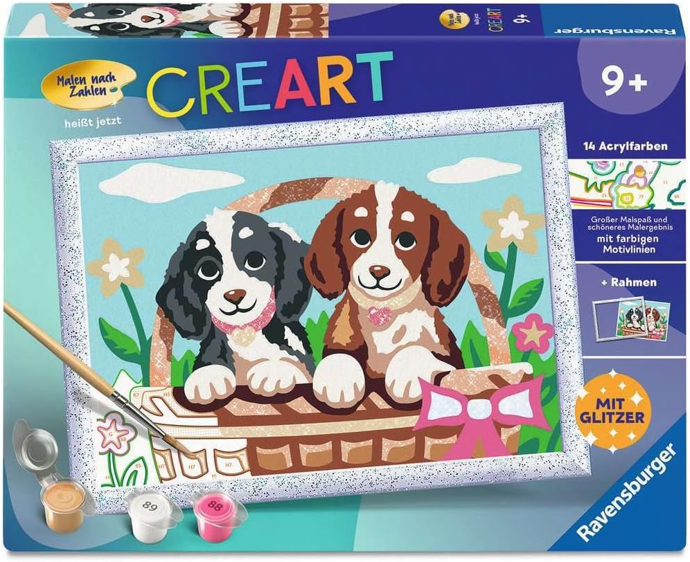 Ravensburger CreArt, Malen nach Zahlen Kinder - Hunde im Körbchen