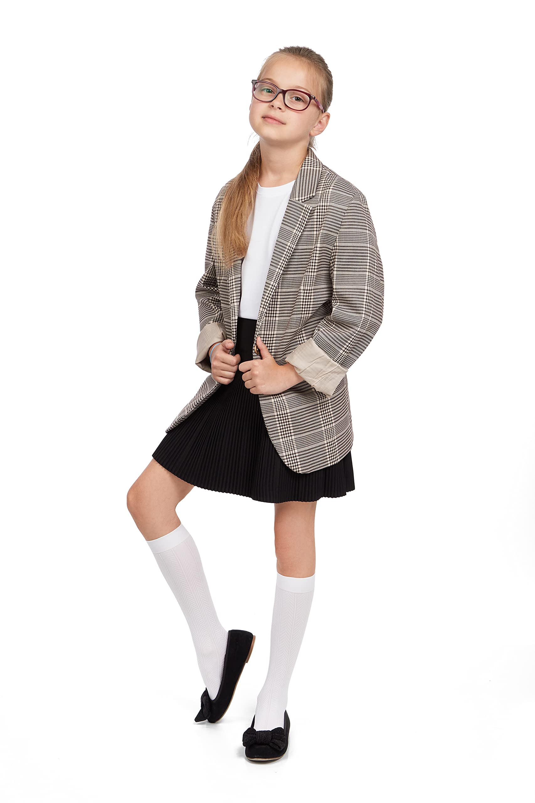 hi!mom Dziewczęce podkolanówki 1 para / 4 pary opakowanie białe wzorzyste długie nieprzezroczyste skarpetki dla dzieci mundurek szkolny z mikrofibry codzienne formalne pończochy do noszenia na