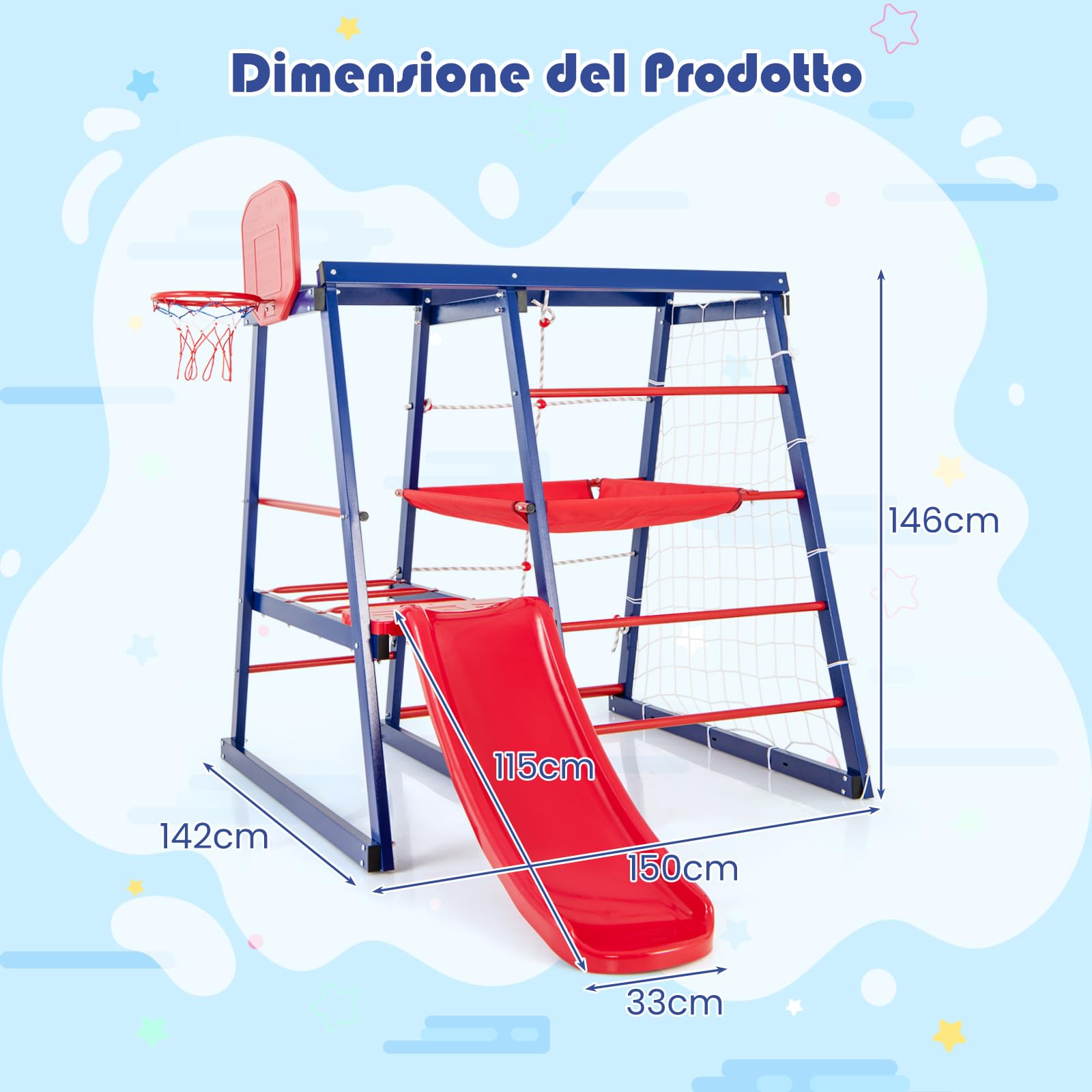 GYMAX Parco Giochi 7-in-1 per Bambini, 150x142x146 cm, Set di Giocattoli con Scivolo, Rete da Arrampicata, Scala, Canestro da Basket e Porta da Calcio, Centro di Attività Interni Esterni, 3-7 Anni