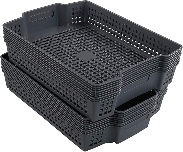 Zerdyne Gray Plastic Stacking File Organizer Tray Basket, Stackable Paper Storage Basket Tray, 6 Packs