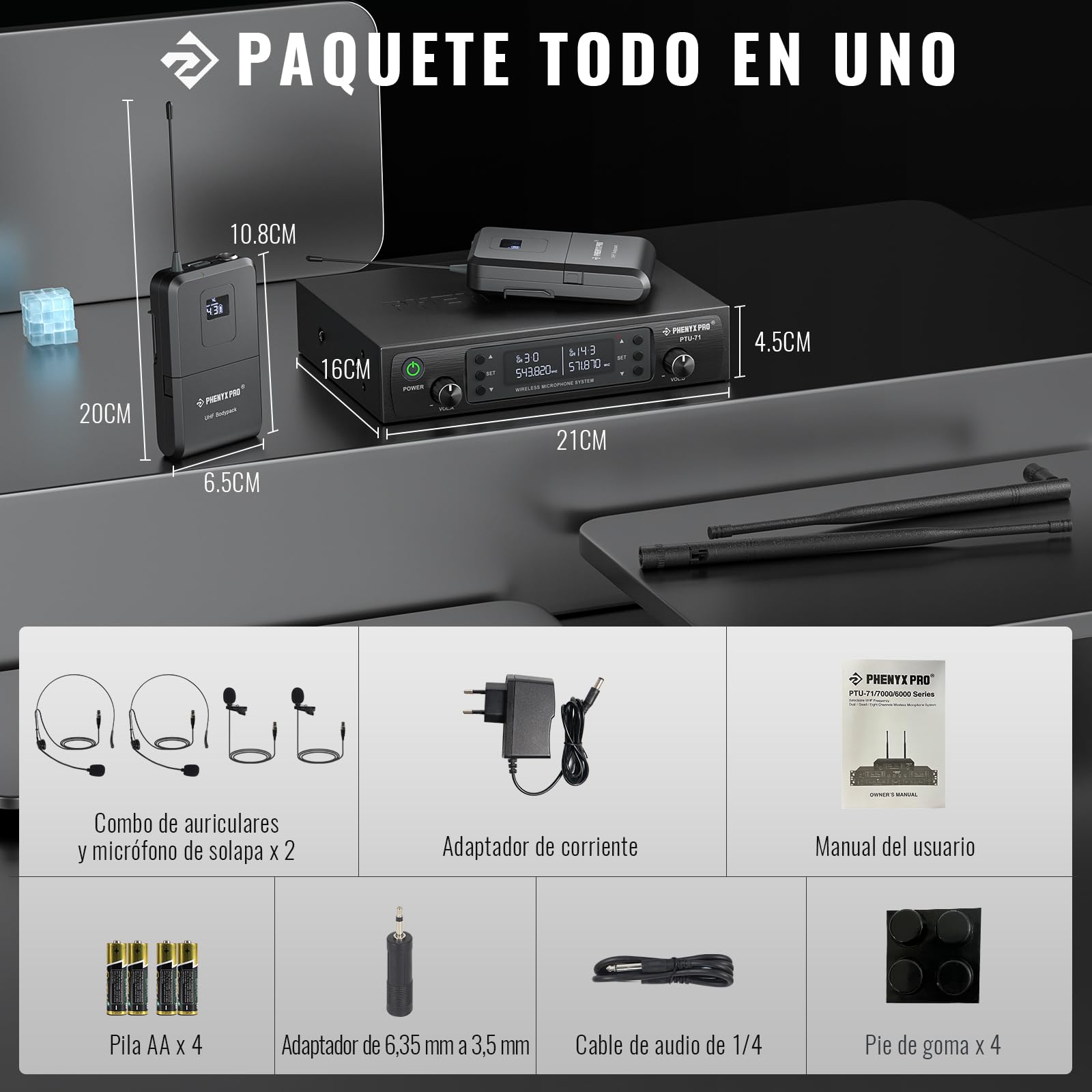 Phenyx Pro Sistema de Micrófono Inalámbrico UHF Dual Auto Scan PTU-71-2B | 2 bodypacks, 2 x 100 frecuencias, Alcance 328 ft, Voz manos libres, Voz en vivo, Servicios religiosos, Set para DJ