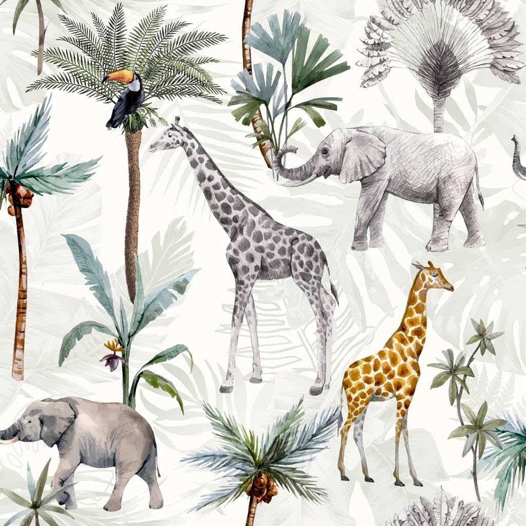 Yöl [Multi] Serengeti Animal Print Multicoloured Wallpaper - Elephants, Giraffes, Toucan - Trees Jungle Palm Leaf - Feature Wall