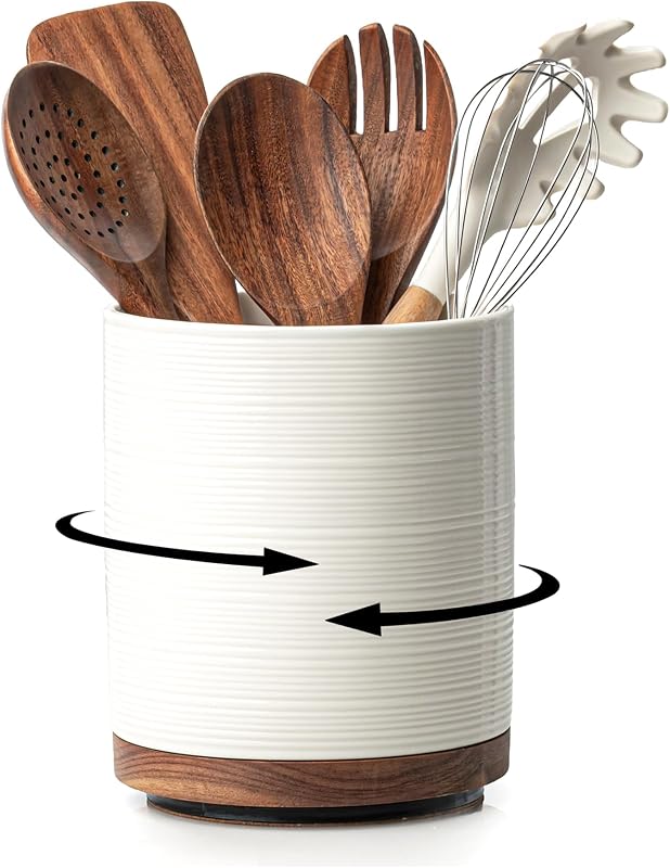 Soporte para utensilios de cocina, soporte para utensilios de cocina de cerámica extra grande giratorio de 360° para encimera, vasijas para utensilios de cocina de 7,3 pulgadas para encimera de cocina con base de madera giratoria, decoración de granja, blanco