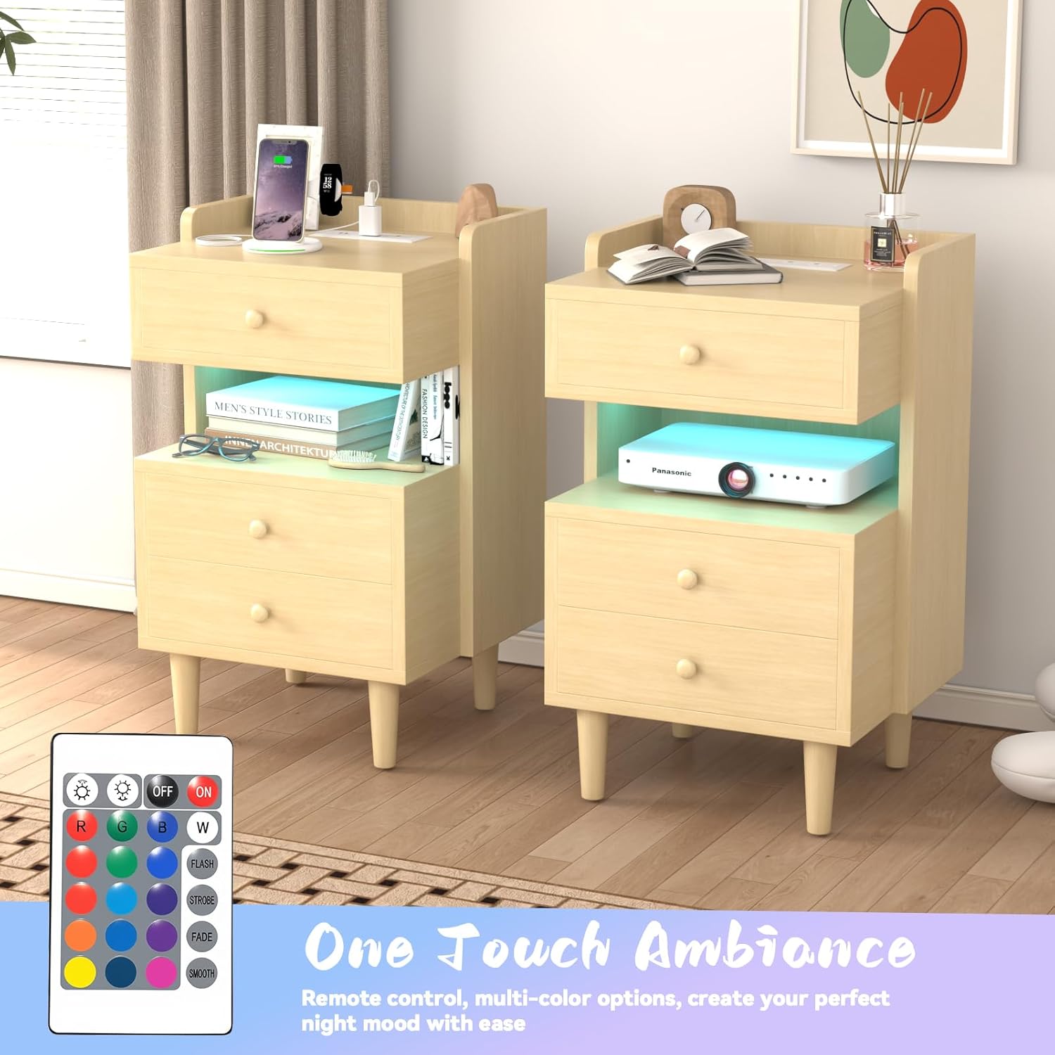 Nightstand with Charging Station, Bed Side Table/Night Stand with 3 Drawers, Bedside Table with Open Shelf Storage, Tall End Table for Bedroom Living Room