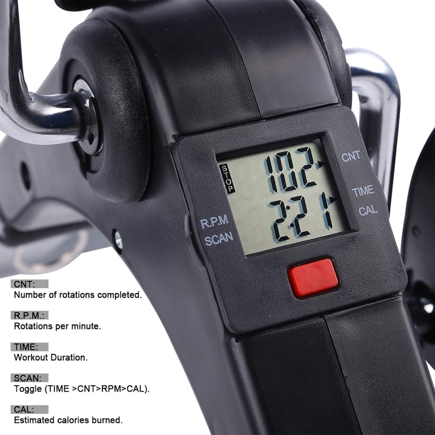 Close-up of the Uten Mini Exercise Bike's LCD display showing various metrics