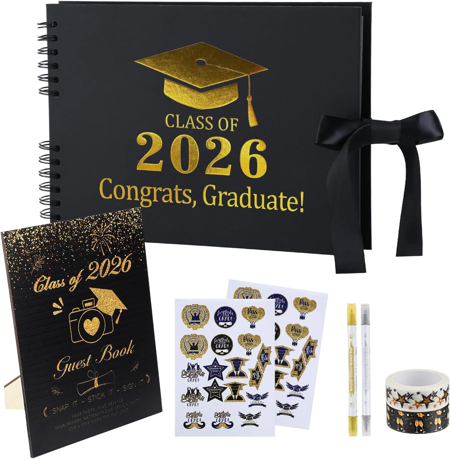 2026 Graduation Guest Book Scrapbook Set - 80 Pages Signature Photo Album with Dual-Tip Markers, Stickers, Tapes, Memory Book Sign for Class of 2026 High School College Grad Party Favors Gifts