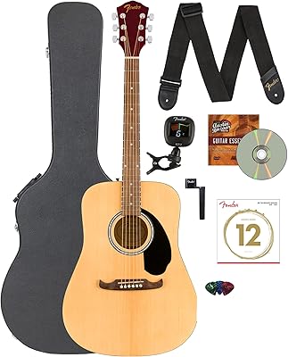 Fender FA-125 Dreadnought Guitar - Natural Bundle with Hard Case, Tuner, Strap, Strings, String Winder, Picks, and Austin Bazaar Instructional DVD