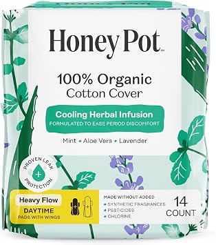 The Honey Pot Company - Herbal Sanitary Pads for Women - Heavy Flow w/Wings - Infused w/Essential Oils for Cooling Effect & Organic Cotton Cover - Feminine Care - 14 ct