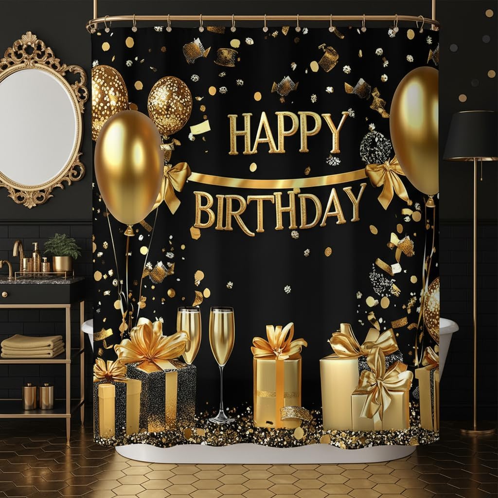 Happy Birthday Shower Curtain Gold Balloon Present Box Black Birthday Photography Background Bathroom Polyester Curtains Set with Hooks 70x84 Inch