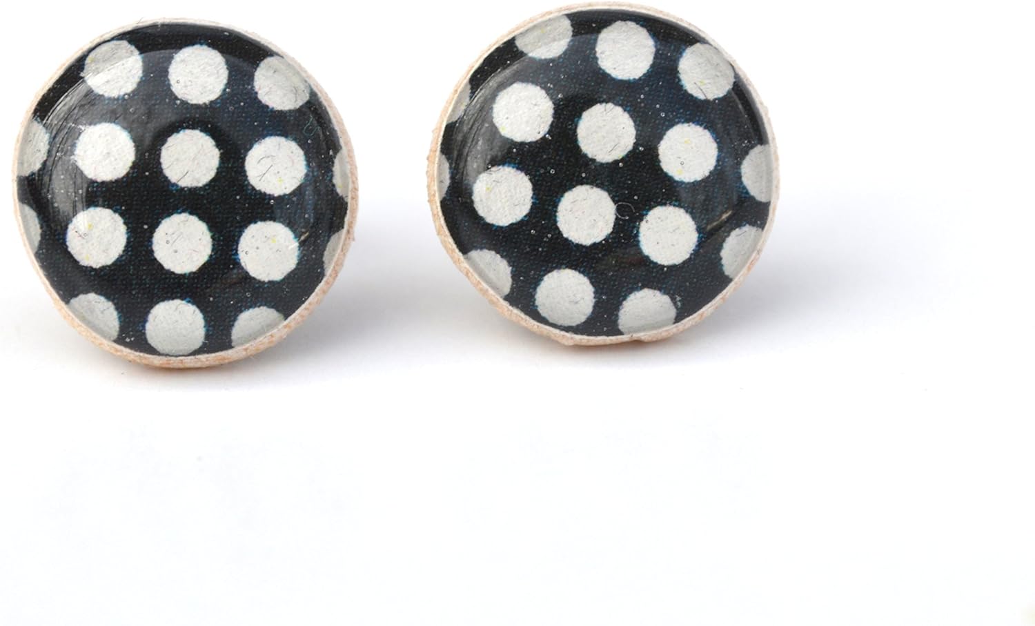 Black and white polka dot stud earrings. Black and white wood post earrings by Starlight Woods.