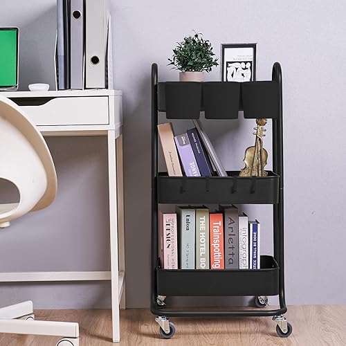 Miniatura 7 de Carrito utilitario de metal de 3 niveles, carritos de almacenamiento con asa y ruedas con cerradura, organizador de carrito de arte, carrito de