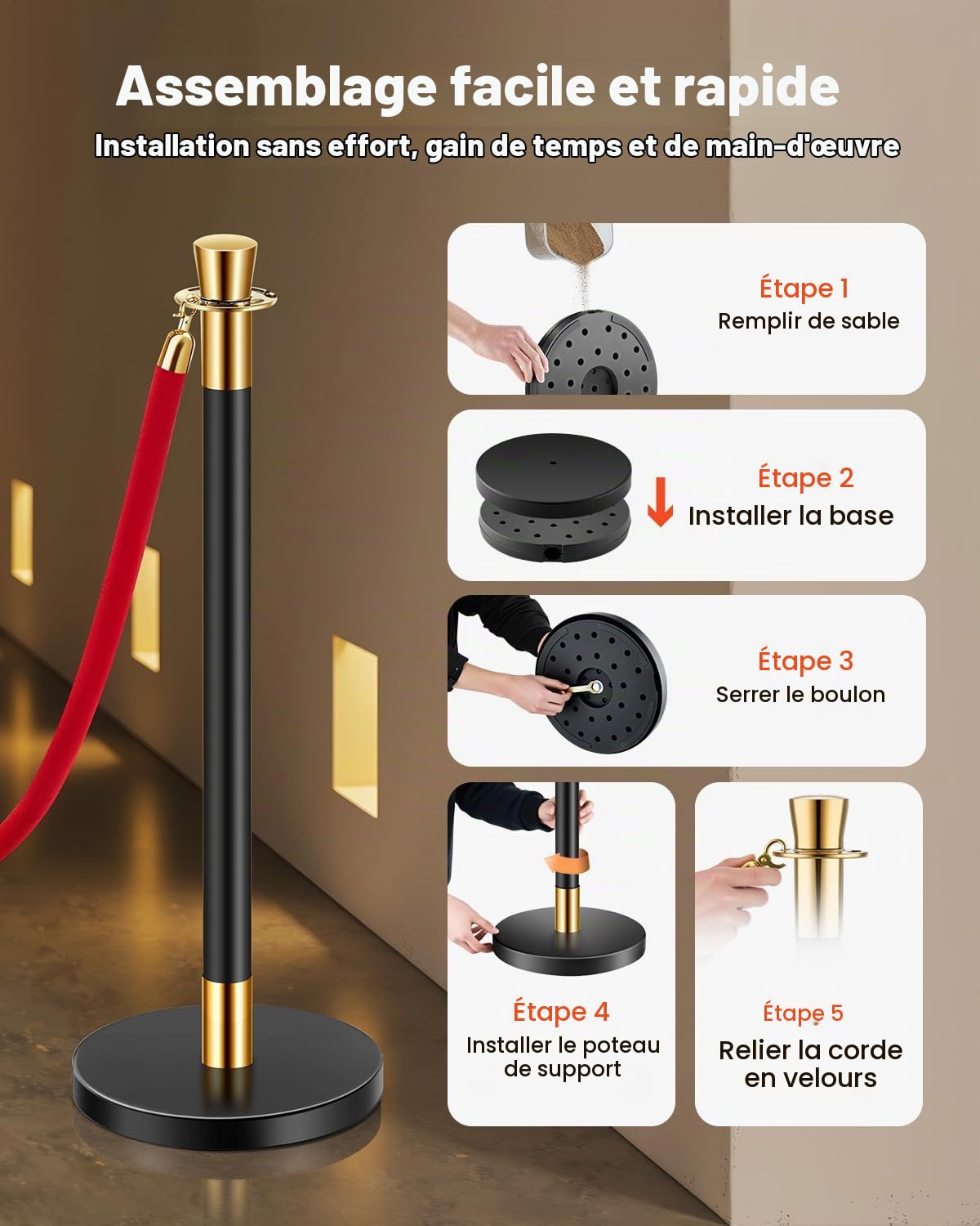 VEVOR Poteau de guidage, 6 pcs, barrière de balisage pour contrôle de foules, avec base creuse, 4 cordes velours rouge et poteaux noirs en acier inoxydable, pour théâtre, mariage, fournitures de fête