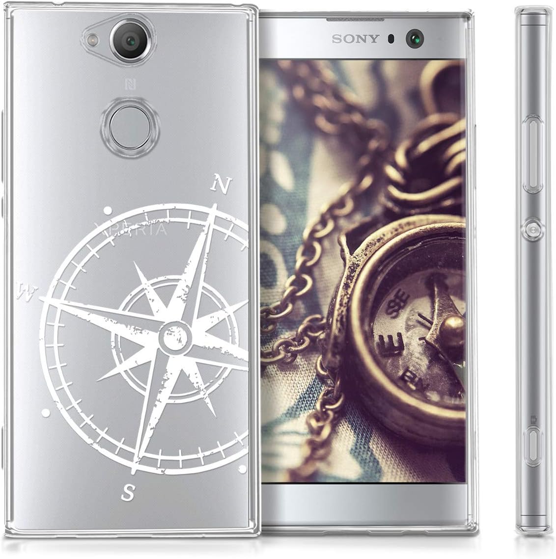 kwmobile Clear Case Compatible with Sony Xperia XA2 - Phone Case Soft TPU Cover - Navigational Compass White/Transparent