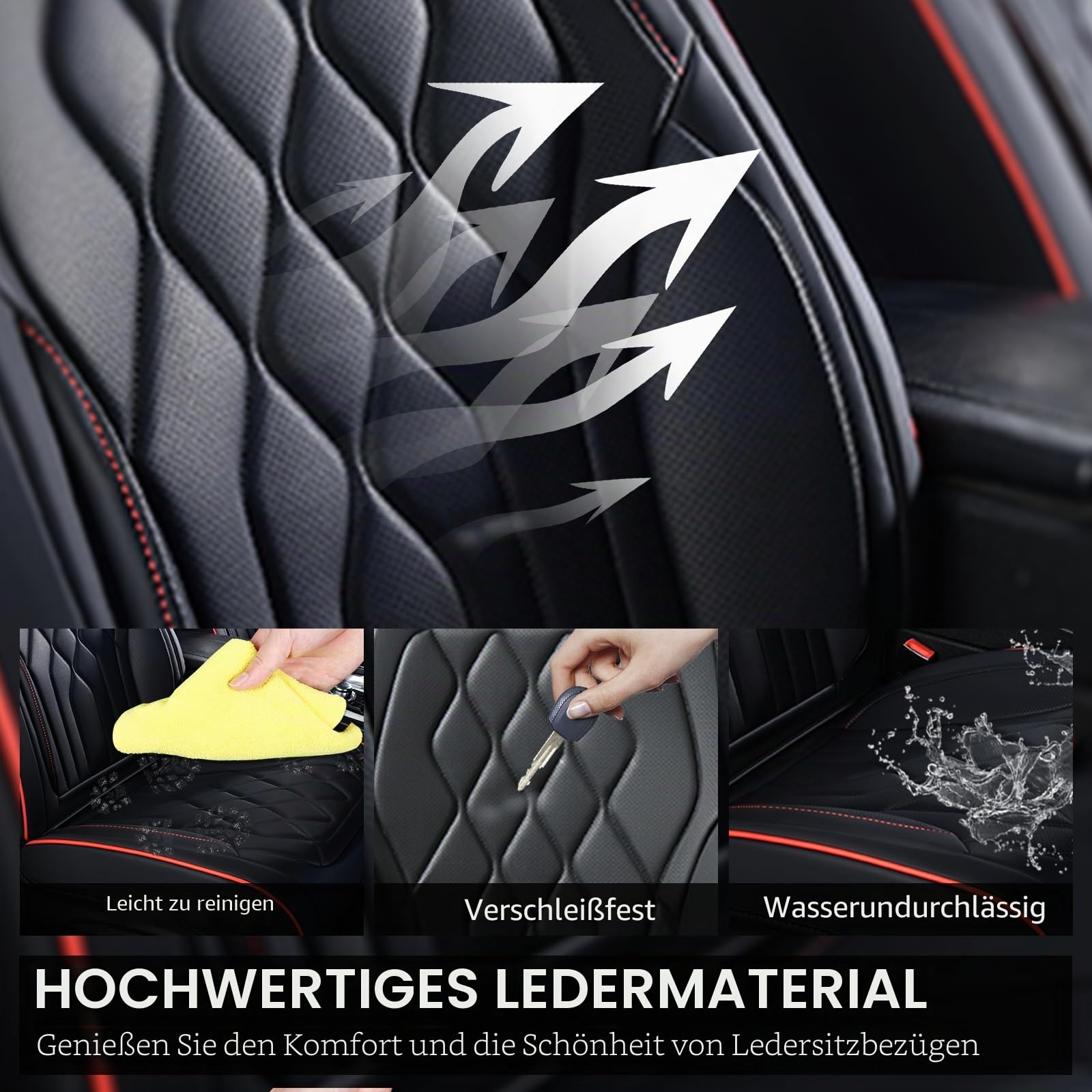FLORICH Autositzbezüge, Vordersitzbezüge, wasserdicht, Leder, universal, passend für die meisten Autos, SUVs, LKWs (Schwarze Sitzbezüge mit roter Nähte, 2 Vordersitze)