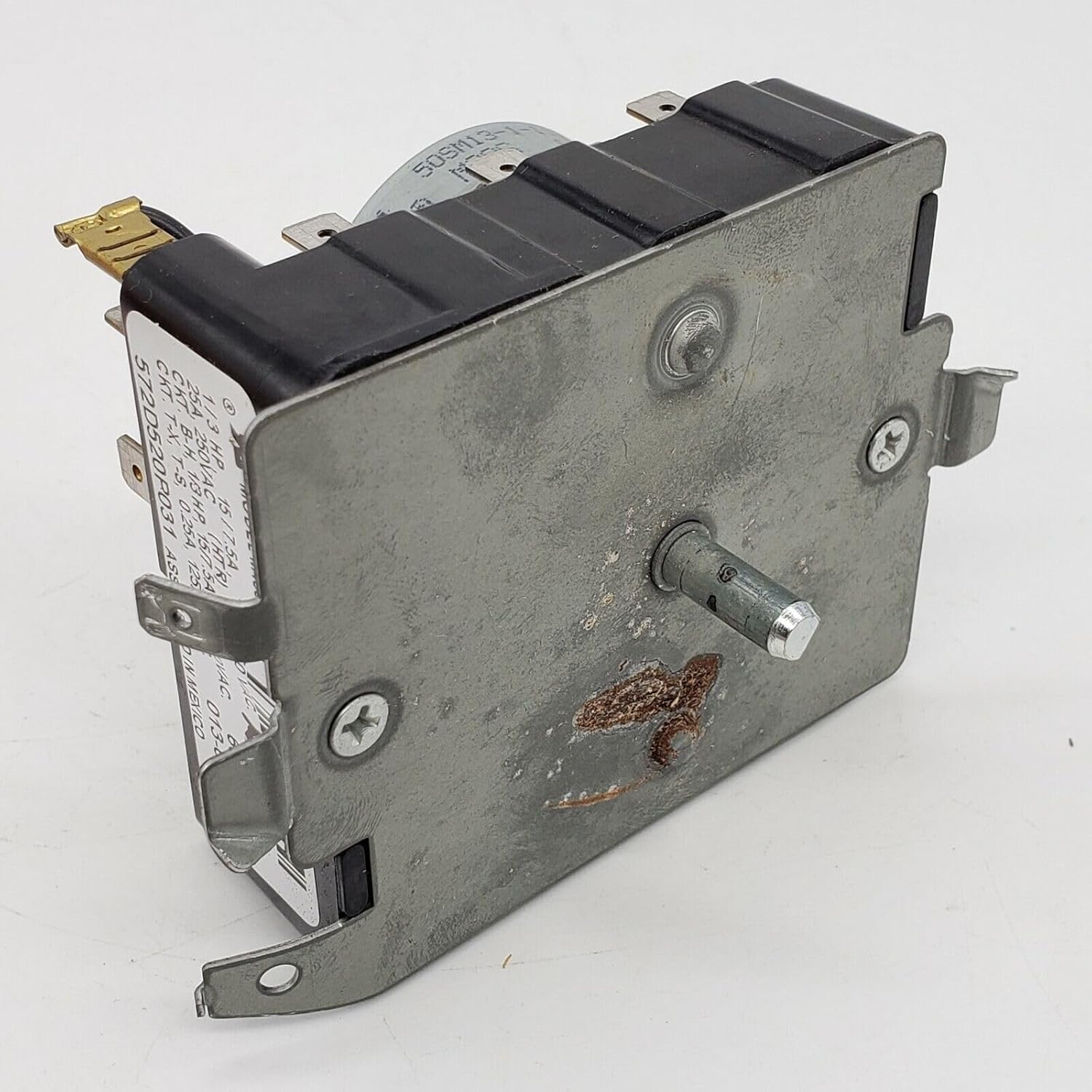 Side view of dryer timer 572D520P031 with mounting plate and shaft