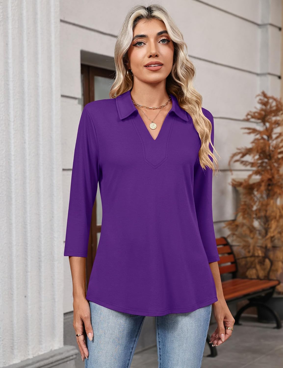 LOMON 3/4 Length Sleeve Womens Tops 2026 Spring Summer Collared Polo Shirts V Neck Casual Basic Polos Tees Shirt - Image 2