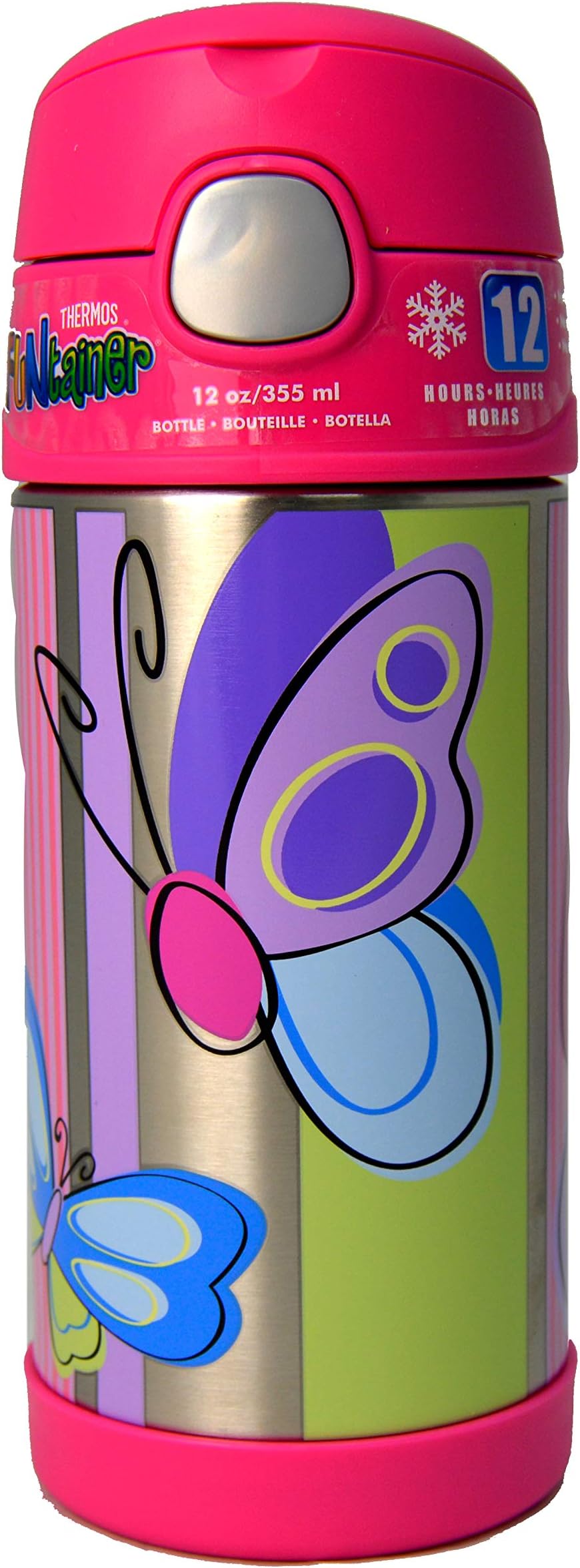 Funtainer Stainless Steel hydration/Straw Water bottle for Kids- Butterfly | Push button lid with drinking spout | Sweat-proof for dry, happy hands| 4 Years+| 355 ML