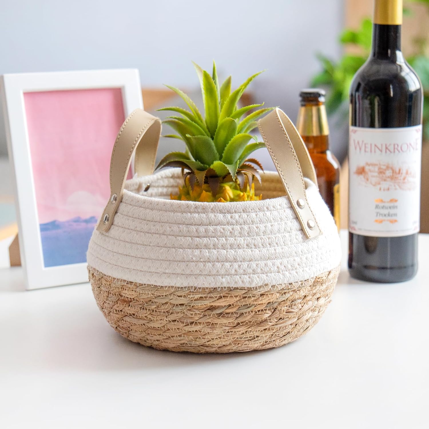 Natural Binaural Splicing Cotton Cord Storage Basket, Suitable For Interior Decoration and Desktop Organization. (Natural + White)
