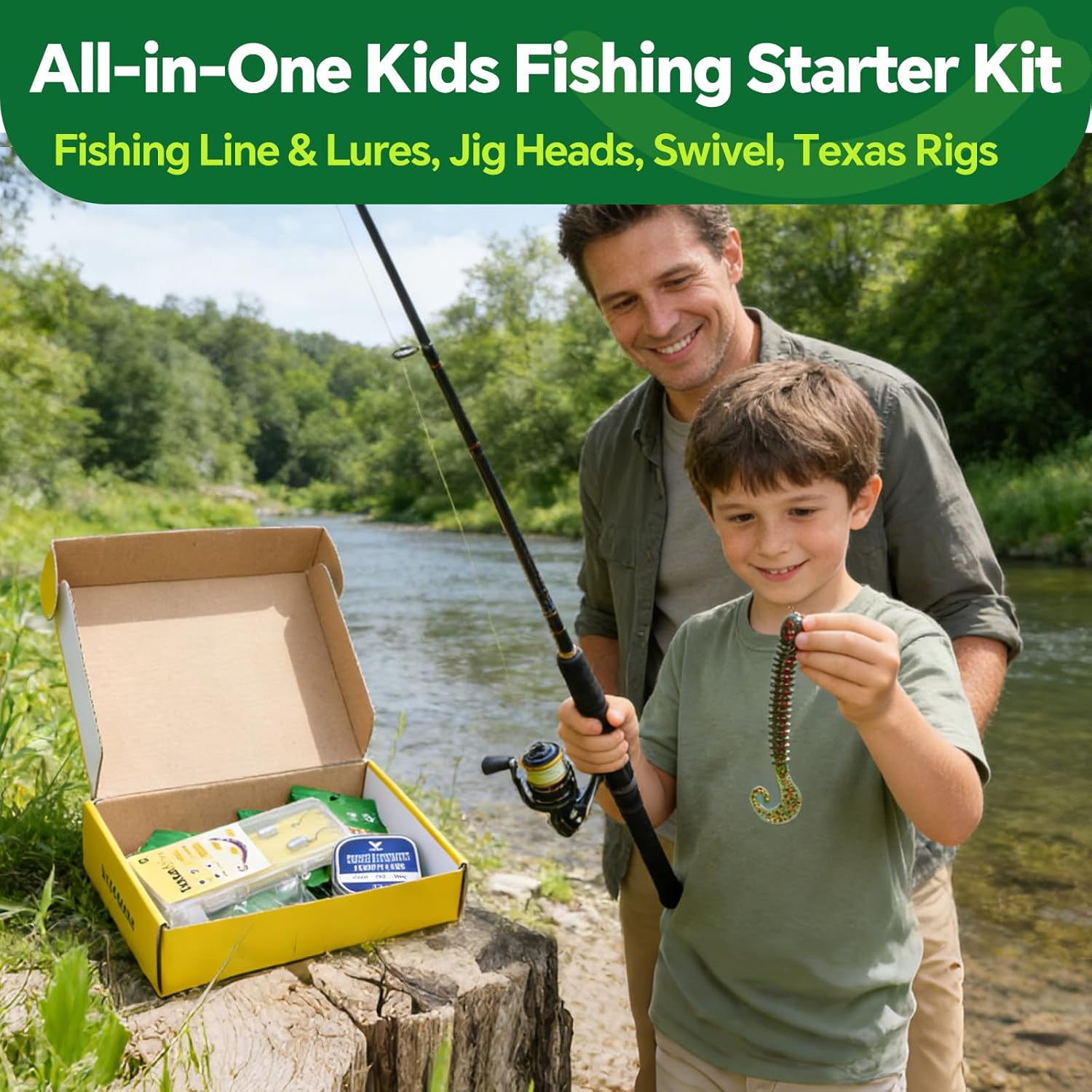 Good Joy Gift Box Fishing Kit for Kids/Beginners Age 8-14 | Ready-to-Fish Kit with Safety Whistle, Fishing Set Stuff with Lures & Line, Kid Gift Suitable Freshwater Pond Lake