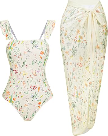Womens One Piece Swimsuit with Cover Up Sarong Wrap Floral Bathing Suits 1 Piece Swim Suit with Beach Cover Up Set