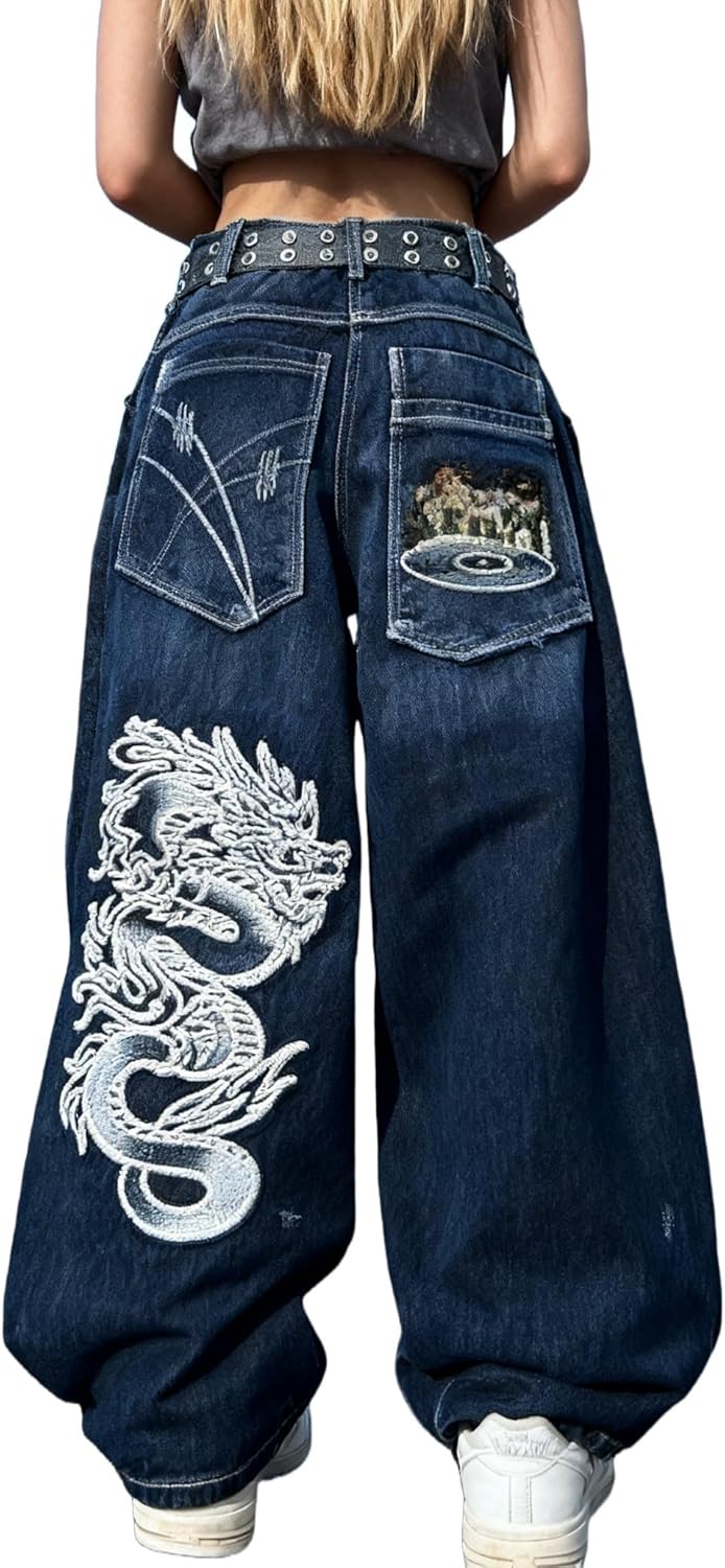 Unisex Y2K Hip Hop Street Jeans with Skeleton Print, Gothic Baggy Jeans, Vintage High Waist Denim, Wide Leg Pants