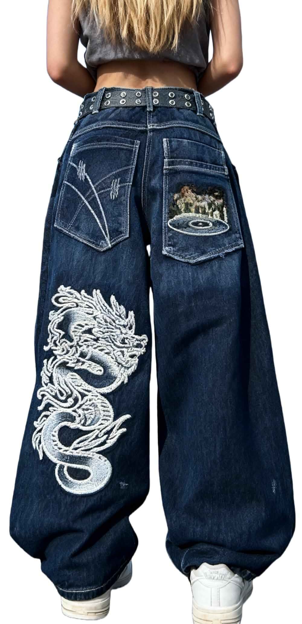 Unisex Y2K Hip Hop Baggy Wide Leg Streetwear Graphic Print Denim Jeans Graphic print baggy denim jeans featuring a relaxed wide leg fit for Y2K hip hop, streetwear and casual outfits.