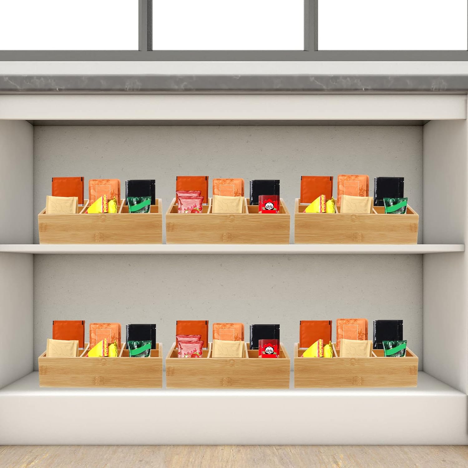 Maitys 4 Pcs Bamboo Divided Storage Organizer Bamboo Container with 6 Compartments Food Storage Bin Wooden Tea Drawer Box Bin Holder Case for Snacks Tea Bags Coffee Sugar