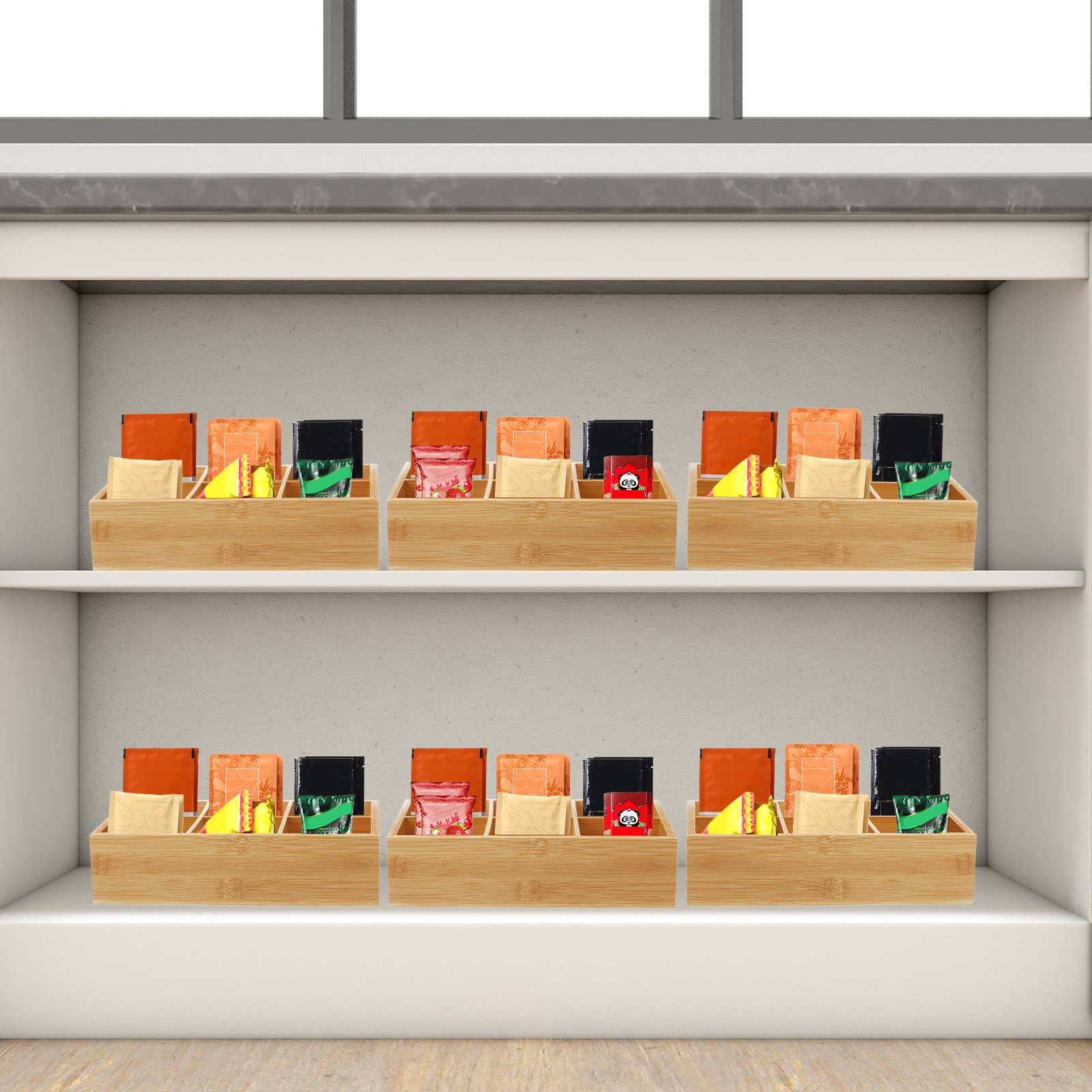 Lot de 4 boîtes de rangement en bambou avec 6 compartiments pour sachets de thé, café, collations, sucre