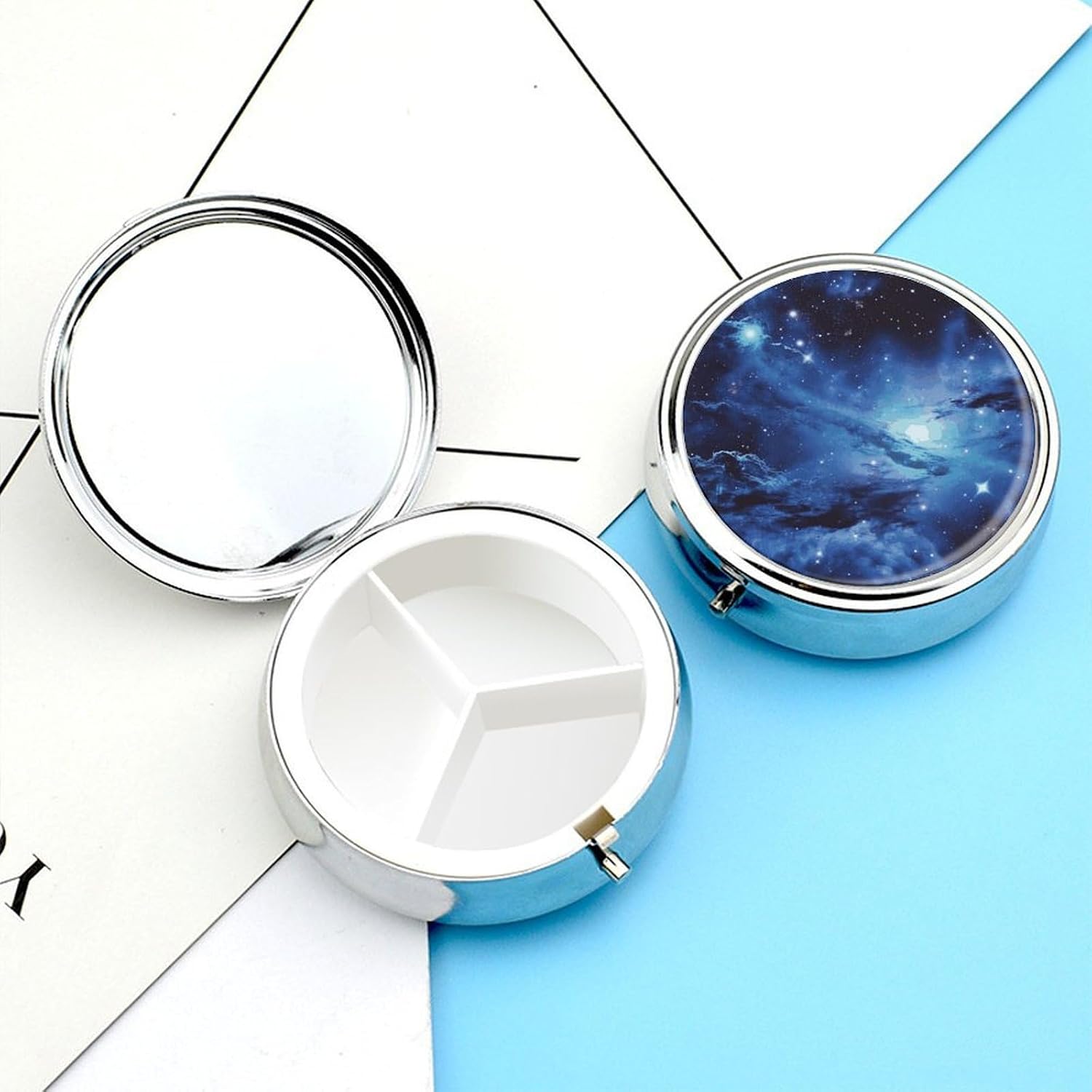 Round Silver Pill Box Small Pill Case for Purse and Pocket 3 Compartment