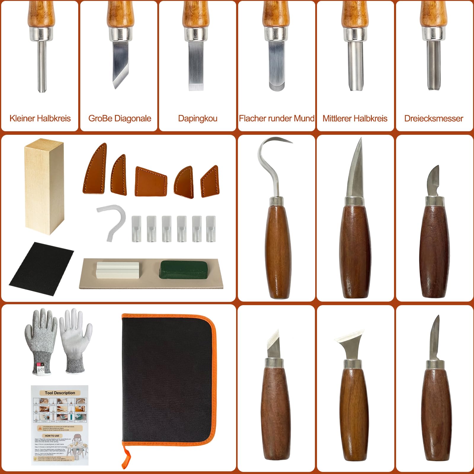 Ciseaux à Bois, 30 in 1 avec 12 couteaux à sculpter, gants résistants aux coupures, papier givré, pierres à aiguiser et étui de protection en cuir, outil de sculpture sur bois pour