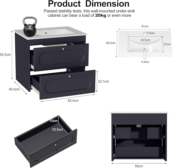 Under Sink Bathroom Cabinet,Bathroom Vanity Units with Basin,Wall Hung Vanity Unit with Wash Basin Ceramic Sink, 2 Drawer Cloakroom Under Sink Storage Cabinet,Wall Mounted 600 mm