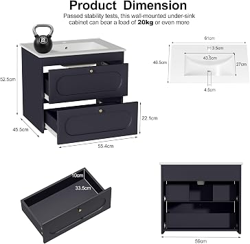 Under Sink Bathroom Cabinet,Bathroom Vanity Units with Basin,Wall Hung Vanity Unit with Wash Basin Ceramic Sink, 2 Drawer Cloakroom Under Sink Storage Cabinet,Wall Mounted 600 mm