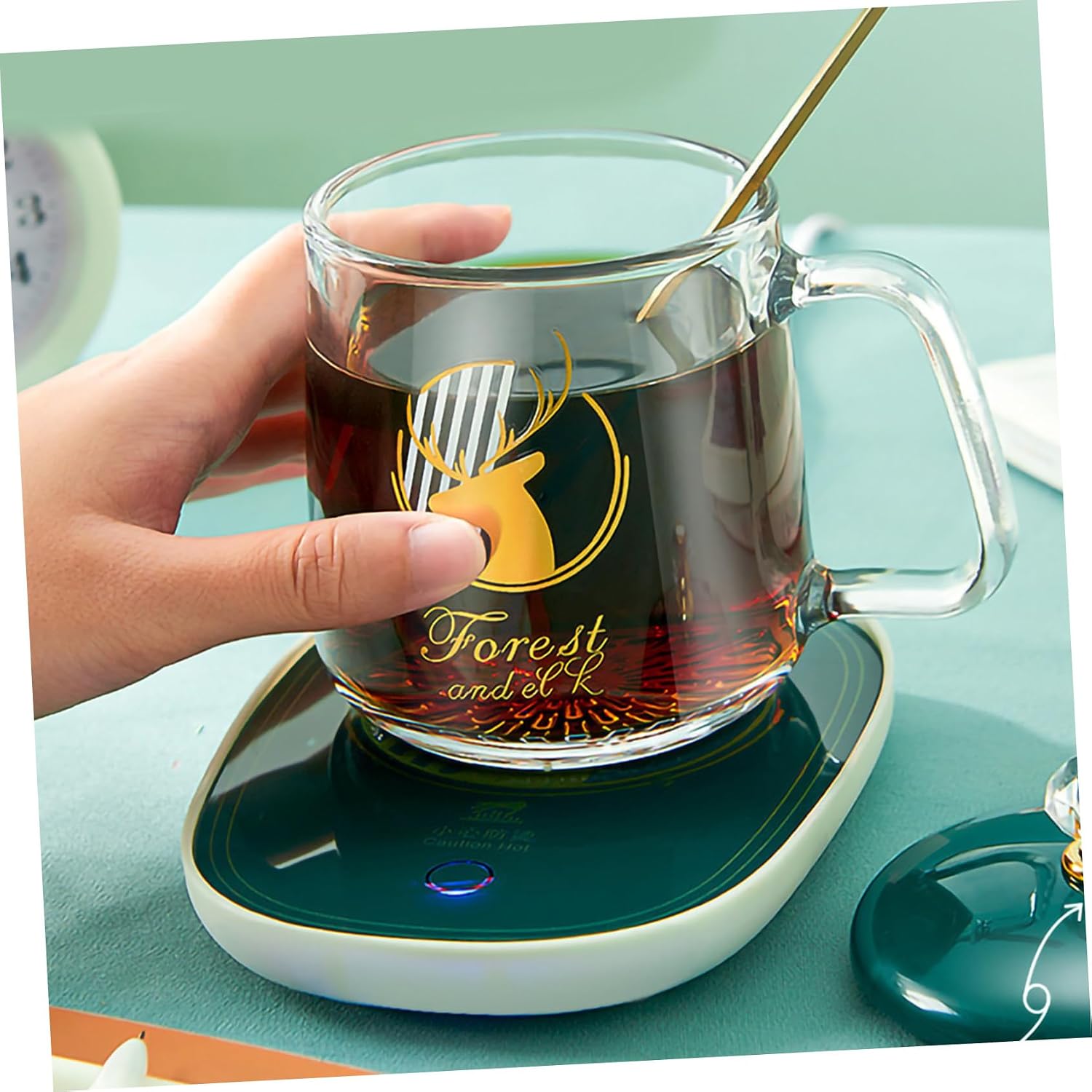 Creative Ceramic Coffee Mug Heating Coaster Set with Glass Mug in Dark Green, US Plug 110v Electric Drink Cup Warmer for Home and Office Use